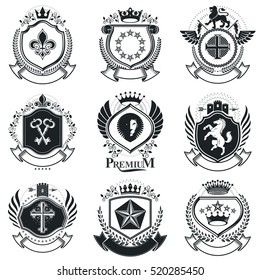 Heraldic emblems isolated vector illustrations. Collection of symbols in vintage style.