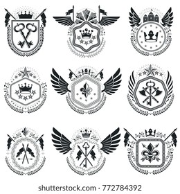 Heraldic emblems isolated vector illustrations. Collection of symbols in vintage style.