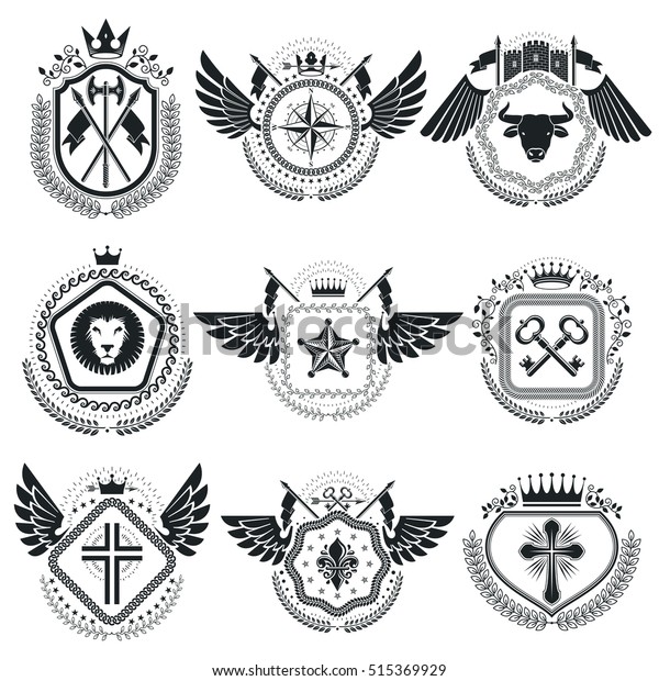 Heraldic Emblems Isolated Vector Illustrations Collection 스톡 벡터(로열티 프리 ...