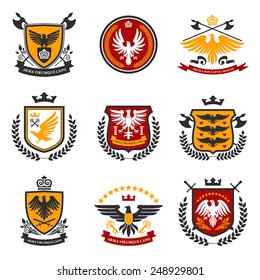 Heraldic emblems and shield set with eagle birds isolated vector illustration