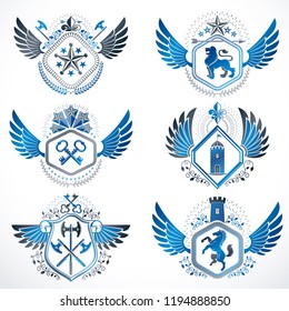 Heraldic emblems with wings isolated on white backdrop. Collection of vector symbols in vintage style created using heraldry elements like crowns, towers, crosses and armory.