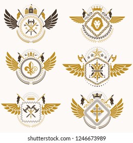 Heraldic emblems with wings isolated on white backdrop. Collection of vector symbols in vintage style created using heraldry elements like crowns, towers, crosses and armory.