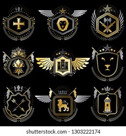 Heraldic emblems with wings isolated on white backdrop. Collection of vector symbols in vintage style created using heraldry elements like crowns, towers, crosses and armory.