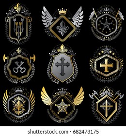 Heraldic emblems with wings isolated on white backdrop. Collection of vector symbols in vintage style created using heraldry elements like crowns, towers, crosses and armory.