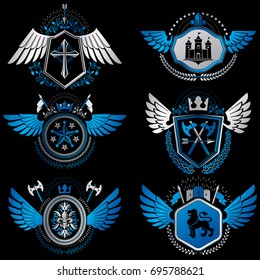 Heraldic emblems with wings isolated on white backdrop. Collection of vector symbols in vintage style created using heraldry elements like crowns, towers, crosses and armory.