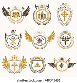 Heraldic emblems with wings isolated on white backdrop. Collection of vector symbols in vintage style created using heraldry elements like crowns, towers, crosses and armory.