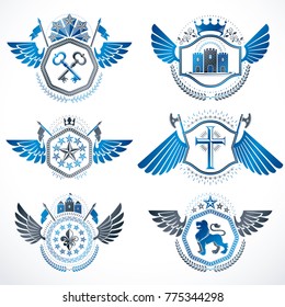 Heraldic emblems with wings isolated on white backdrop. Collection of vector symbols in vintage style created using heraldry elements like crowns, towers, crosses and armory.