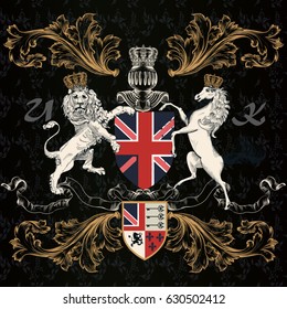 Heraldic English design with lion and horse in vintage style