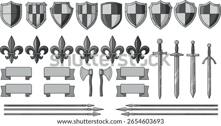 heraldic, engraving, vector, shield, symbol, antique, lily, vintage, flower, sword, isolated, ribbon, banner, illustration, scroll, element, retro, set, design, arm, heraldry, mediaeval, black, frame,