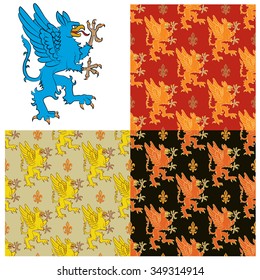 Heraldic figure of a mythical animal - a griffin. Seamless texture containing images of the griffins. Vector illustration