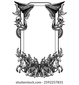 Heraldic frame with horses. Black and white engraved ink art