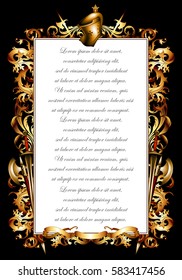 heraldic frame with space for text, decorated with medieval weapons