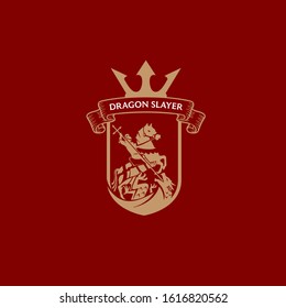 Heraldic gold crest featuring a knight on horseback slaying a dragon with a spear. Elegant medieval shield design with a crown topper and "Dragon Slayer" banner on a dark red background.