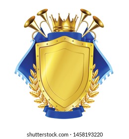 Heraldic golden shield decorated by blue pennants king crown and horns realistic vector illustration