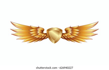 Heraldic golden shield with wings emblem. Gold Coat of Arms.