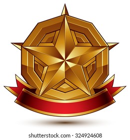 Heraldic golden symbol with stylized pentagonal star and red decorative curvy ribbon, best for use in web and graphic design. Sophisticated gold ring isolated on white background.

