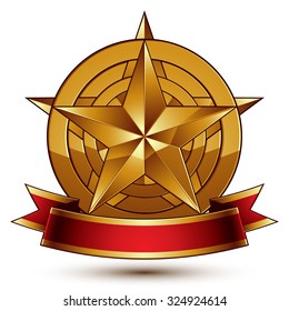 Heraldic golden symbol with stylized pentagonal star and red decorative curvy ribbon, best for use in web and graphic design. Sophisticated gold ring isolated on white background.