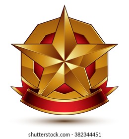Heraldic golden symbol with stylized pentagonal star and red decorative curvy ribbon, best for use in web and graphic design. Sophisticated gold ring isolated on white background.

