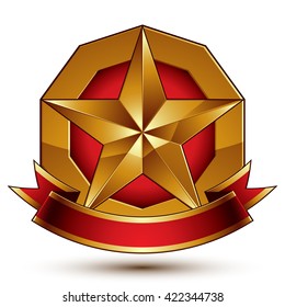Heraldic golden symbol with stylized pentagonal star and red decorative curvy ribbon, best for use in web and graphic design. Sophisticated gold ring isolated on white background.