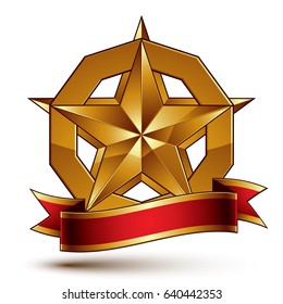 Heraldic golden symbol with stylized pentagonal star and red decorative curvy ribbon, best for use in web and graphic design. Sophisticated gold monarch ring isolated on white background.

