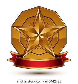 Heraldic golden symbol with stylized pentagonal star and red decorative curvy ribbon, best for use in web and graphic design. Sophisticated gold monarch ring isolated on white background.

