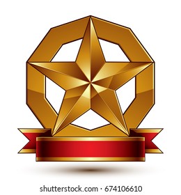 Heraldic golden symbol with stylized pentagonal star and red decorative curvy ribbon, best for use in web and graphic design. Sophisticated gold ring isolated on white background.