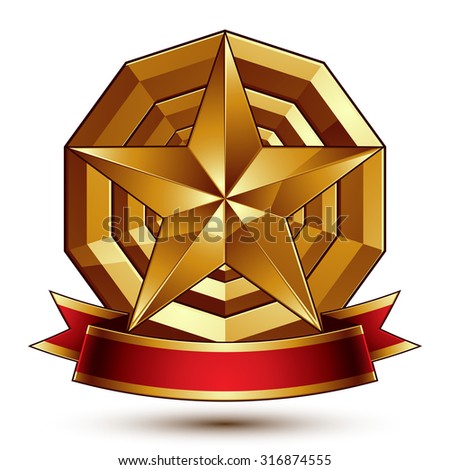 Heraldic golden symbol with stylized pentagonal star and red decorative curvy ribbon, best for use in web and graphic design. Sophisticated gold ring isolated on white background.