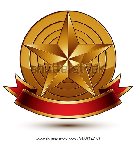 Heraldic golden symbol with stylized pentagonal star and red decorative curvy ribbon, best for use in web and graphic design. Sophisticated gold ring isolated on white background.