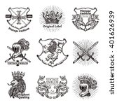Heraldic grayscale isolated emblems set with crowns shields lions and swords in medieval style  vector illustration