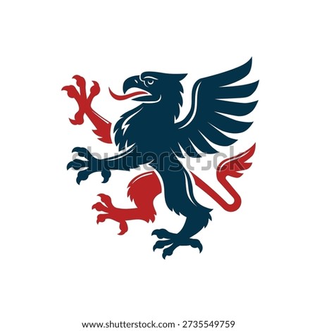 Heraldic griffin emblem in bold red and blue, symbolizing strength, vigilance, power, and royal authority in classic crest design.