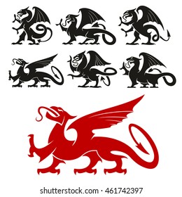 Heraldic Griffin emblem set and mythical Dragon silhouette elements for tattoo, heraldry or shield crest. Fantasy gothic mythical lion and eagle creature. Vector graphic design