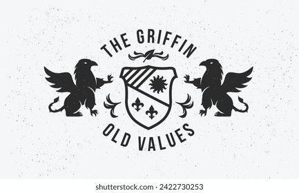 Heraldic Griffin Logo, Poster. Mittelalterliches trendiges Logo mit Heraldischer Griffin und Vintage Schild. Vektor-Emblem-Vorlage.