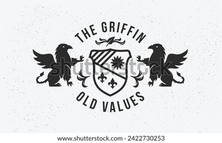 Heraldic Griffin logo, poster. Medieval trendy logo with Heraldic Griffin and vintage shield. Vector emblem template.