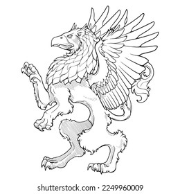 Heraldic Griffin walking on hind legs. Heraldic supporter a part of a Coat of Arms. Black line drawing isolated on white background. EPS10 vector illustration.