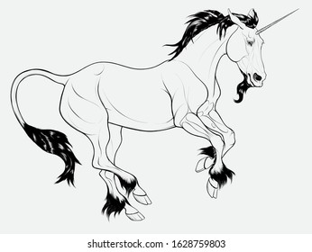 The heraldic horned stallion moving at a fast pace. Linear illustration of a galloping Unicorn, excitedly pulled his ears back. Clip art and design element for magic, mythological goods.