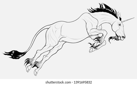 The heraldic horned stallion takes off the ground with a powerful jump, pulling its neck forward. Linear illustration of a leaping Unicorn. Clip art and design element for magic, mythological goods.