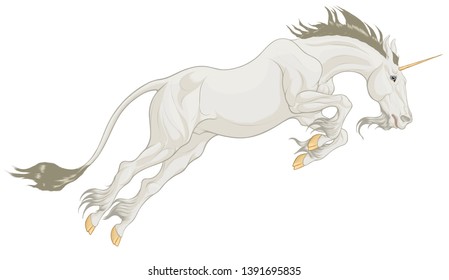 The heraldic horned stallion takes off the ground with a powerful jump, pulling its neck forward. Colored illustration of a white leaping Unicorn. Clip art and design element for mythological goods.