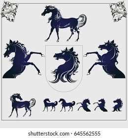 Heraldic horse. Set of vector images.