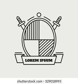 Heraldic icon. Isolated heraldic shield. Heraldic shield with ribbon, swords and decor. Logo concept. Isolated logotype. Heraldic logotype. Flat line style vector illustration. 