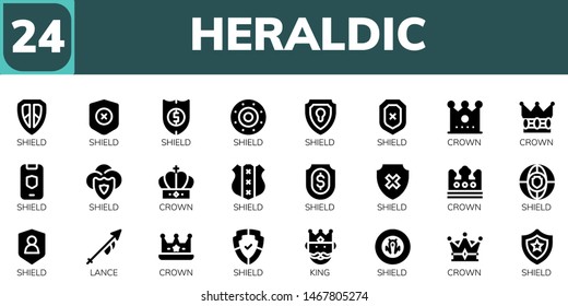 heraldic icon set. 24 filled heraldic icons.  Collection Of - Shield, Crown, Lance, King