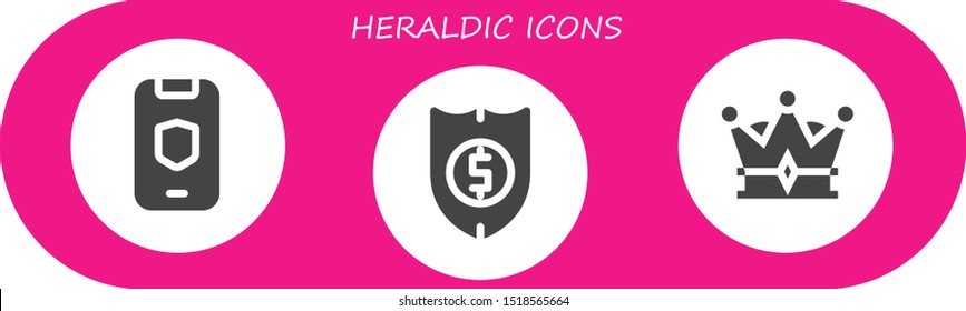 heraldic icon set. 3 filled heraldic icons.  Simple modern icons about  - Shield, Crown