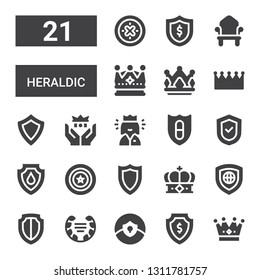 heraldic icon set. Collection of 21 filled heraldic icons included Crown, Shield, Laurel, Queen, Throne