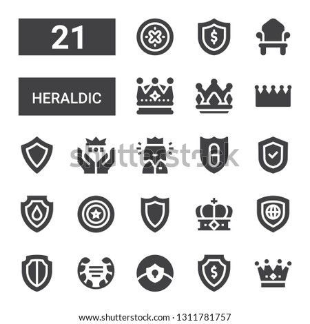 heraldic icon set. Collection of 21 filled heraldic icons included Crown, Shield, Laurel, Queen, Throne