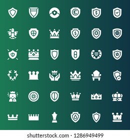 heraldic icon set. Collection of 36 filled heraldic icons included Crown, Shield, Queen, Throne, Laurel, Eagle