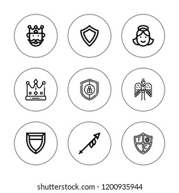 Heraldic icon set. collection of 9 outline heraldic icons with angel, crown, lance, king icons. editable icons.