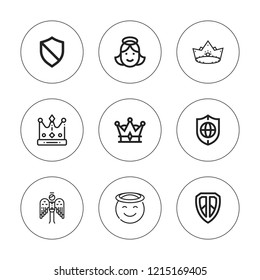 Heraldic icon set. collection of 9 outline heraldic icons with angel, crown icons. editable icons.