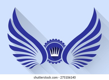 Heraldic icon with wings. crown and long shadow. Stylish vector illustration for your logo design or tattoo.  