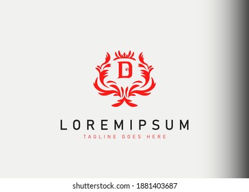 Heraldic initial letter D logo design. Vector illustration of elegant floral letter D icon design. Modern logo design with emblem style.