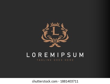Heraldic initial letter L logo design. Vector illustration of elegant floral letter L icon design. Modern logo design with emblem style.
