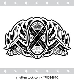 Heraldic label with oval frame, arrows, ribbons and laurel wreath on white